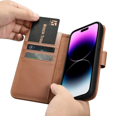 ICarer Wallet Case 2in1 etui iPhone 14 Pro skórzany pokrowiec z klapką Anti-RFID brązowy (WMI14220726-BN) ICarer Wallet Case 2in1 etui iPhone 14 Pro skórzany pokrowiec z klapką Anti-RFID brązowy (WMI14220726-BN)