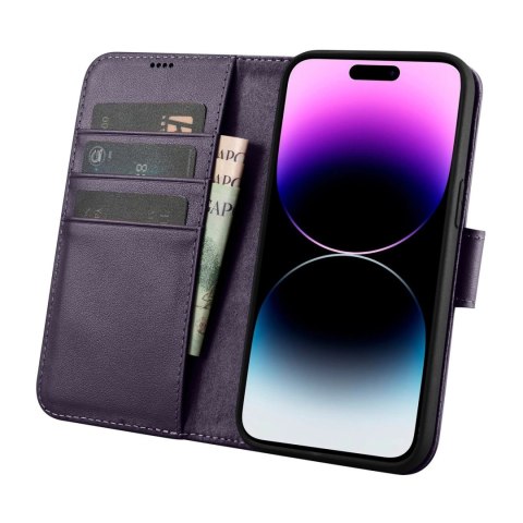 ICarer Wallet Case 2in1 etui iPhone 14 Pro skórzany pokrowiec z klapką Anti-RFID ciemnofioletowy (WMI14220726-DP) ICarer Wallet Case 2in1 etui iPhone 14 Pro skórzany pokrowiec z klapką Anti-RFID ciemnofioletowy (WMI14220726-DP)