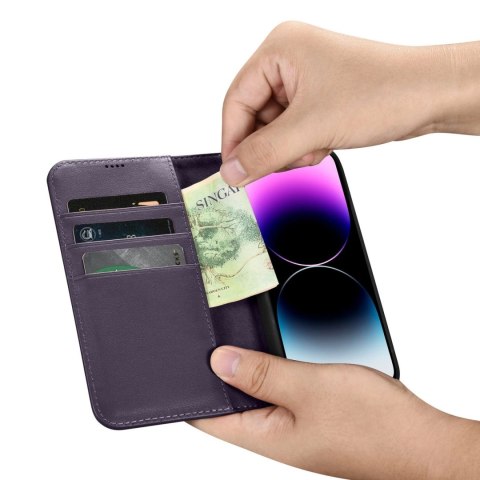 ICarer Wallet Case 2in1 etui iPhone 14 Pro skórzany pokrowiec z klapką Anti-RFID ciemnofioletowy (WMI14220726-DP) ICarer Wallet Case 2in1 etui iPhone 14 Pro skórzany pokrowiec z klapką Anti-RFID ciemnofioletowy (WMI14220726-DP)