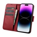 ICarer Wallet Case 2in1 etui iPhone 14 Pro skórzany pokrowiec z klapką Anti-RFID czerwony (WMI14220726-RD)