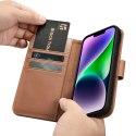 ICarer Wallet Case 2in1 etui iPhone 14 skórzany pokrowiec z klapką Anti-RFID brązowy (WMI14220725-BN)