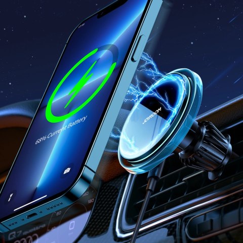 Joyroom uchwyt samochodowy do telefonu z ładowarką indukcyjną Qi 15W (kompatybilną z MagSafe) na kratkę nawiewu srebrny (JR-ZS29 Joyroom uchwyt samochodowy do telefonu z ładowarką indukcyjną Qi 15W (kompatybilną z MagSafe) na kratkę nawiewu srebrny (JR-ZS29