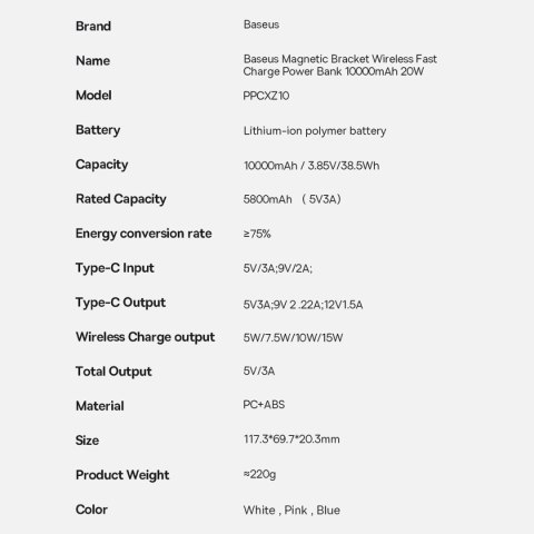 Powerbank Baseus Magnetic Bracket z MagSafe 10000mAh 20W - różowy + kabel USB-C 60W 0.5m Powerbank Baseus Magnetic Bracket z MagSafe 10000mAh 20W - różowy + kabel USB-C 60W 0.5m