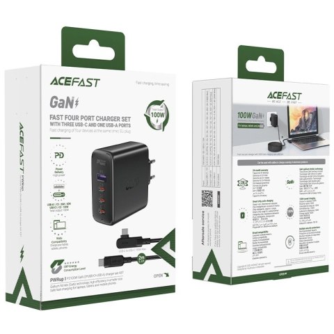 Acefast szybka ładowarka sieciowa GaN 3xUSB-C/1xUSB-A 100W czarna + kabel kątowy USB-C - USB-C 100W 2m czarny Acefast szybka ładowarka sieciowa GaN 3xUSB-C/1xUSB-A 100W czarna + kabel kątowy USB-C - USB-C 100W 2m czarny