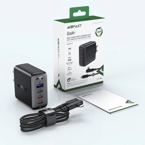 Acefast szybka ładowarka sieciowa GaN 3xUSB-C/1xUSB-A 100W czarna + kabel kątowy USB-C - USB-C 100W 2m czarny Acefast szybka ładowarka sieciowa GaN 3xUSB-C/1xUSB-A 100W czarna + kabel kątowy USB-C - USB-C 100W 2m czarny