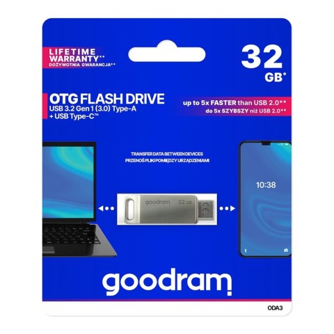 Pendrive 32 GB USB 3.2 Gen 1 USB / USB C OTG ODA3 Goodram - srebrny Pendrive 32 GB USB 3.2 Gen 1 USB / USB C OTG ODA3 Goodram - srebrny