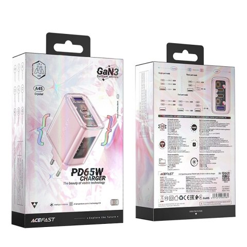 Acefast ładowarka GaN 65W 3 porty (1xUSB, 2xUSB C) różowa (A45) Acefast ładowarka GaN 65W 3 porty (1xUSB, 2xUSB C) różowa (A45)