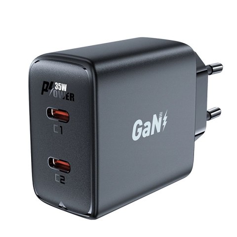 Szybka ładowarka sieciowa GaN 35W PD 2x USB C Acefast A49 - czarna Szybka ładowarka sieciowa GaN 35W PD 2x USB C Acefast A49 - czarna
