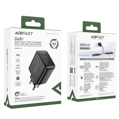 Szybka ładowarka sieciowa GaN 35W PD 2x USB C Acefast A49 - czarna Szybka ładowarka sieciowa GaN 35W PD 2x USB C Acefast A49 - czarna