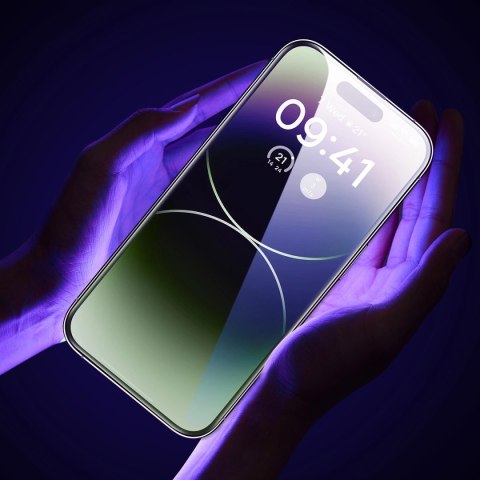 Baseus szkło hartowane do iPhone 14 Pro Max na cały ekran z filtrem Anti Blue Light i osłoną na głośnik 0.3mm + ramka montażowa Baseus szkło hartowane do iPhone 14 Pro Max na cały ekran z filtrem Anti Blue Light i osłoną na głośnik 0.3mm + ramka montażowa