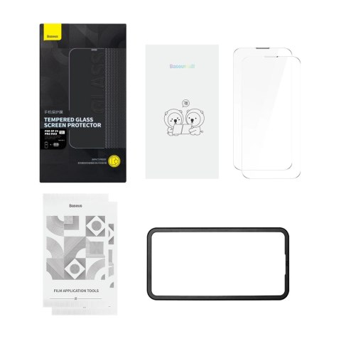 Baseus zestaw 2x szkło hartowane do iPhone 14 Pro Max na cały ekran z osłoną na głośnik 0.3mm + ramka montażowa Baseus zestaw 2x szkło hartowane do iPhone 14 Pro Max na cały ekran z osłoną na głośnik 0.3mm + ramka montażowa