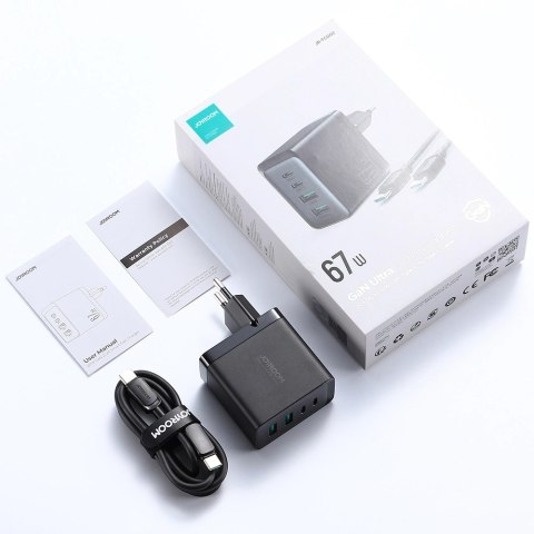 Joyroom ładowarka GaN 67W 4 porty (2x USB, 2x USB C) czarna (TCG02) + kabel USB C - USB C 100W 1.2m Joyroom ładowarka GaN 67W 4 porty (2x USB, 2x USB C) czarna (TCG02) + kabel USB C - USB C 100W 1.2m