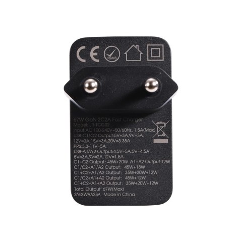 Joyroom ładowarka GaN 67W 4 porty (2x USB, 2x USB C) czarna (TCG02) + kabel USB C - USB C 100W 1.2m Joyroom ładowarka GaN 67W 4 porty (2x USB, 2x USB C) czarna (TCG02) + kabel USB C - USB C 100W 1.2m