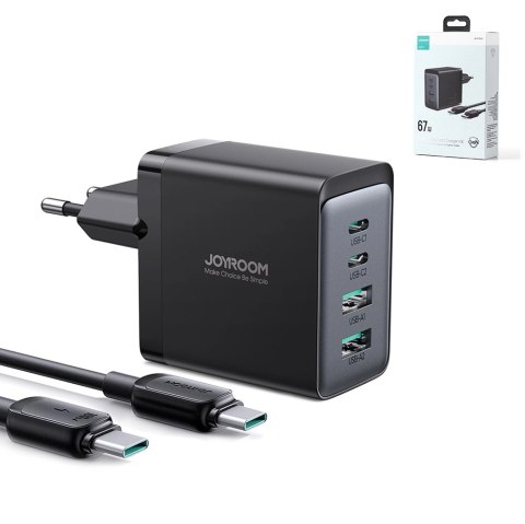 Joyroom ładowarka GaN 67W 4 porty (2x USB, 2x USB C) czarna (TCG02) + kabel USB C - USB C 100W 1.2m Joyroom ładowarka GaN 67W 4 porty (2x USB, 2x USB C) czarna (TCG02) + kabel USB C - USB C 100W 1.2m