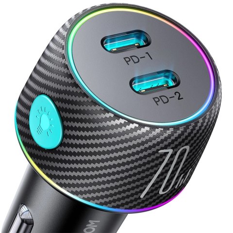 Ładowarka samochodowa 2x USB C 70W z podświetleniem LED Joyroom JR-CCN02 - czarna Ładowarka samochodowa 2x USB C 70W z podświetleniem LED Joyroom JR-CCN02 - czarna