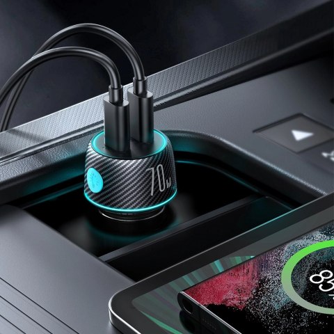Ładowarka samochodowa 2x USB C 70W z podświetleniem LED Joyroom JR-CCN02 - czarna Ładowarka samochodowa 2x USB C 70W z podświetleniem LED Joyroom JR-CCN02 - czarna