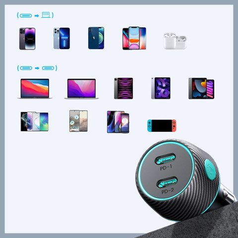 Ładowarka samochodowa 2x USB C 70W z podświetleniem LED Joyroom JR-CCN02 - czarna Ładowarka samochodowa 2x USB C 70W z podświetleniem LED Joyroom JR-CCN02 - czarna