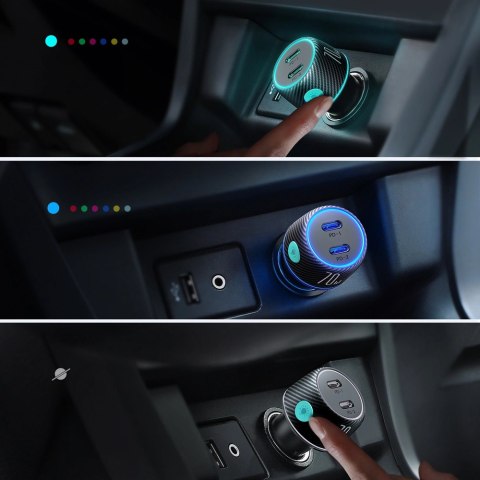 Ładowarka samochodowa 2x USB C 70W z podświetleniem LED Joyroom JR-CCN02 - czarna Ładowarka samochodowa 2x USB C 70W z podświetleniem LED Joyroom JR-CCN02 - czarna