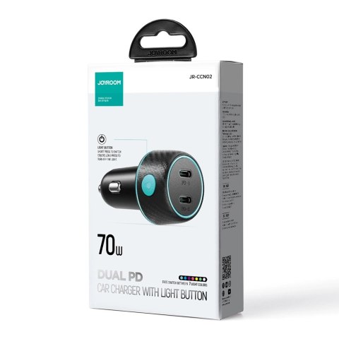 Ładowarka samochodowa 2x USB C 70W z podświetleniem LED Joyroom JR-CCN02 - czarna Ładowarka samochodowa 2x USB C 70W z podświetleniem LED Joyroom JR-CCN02 - czarna