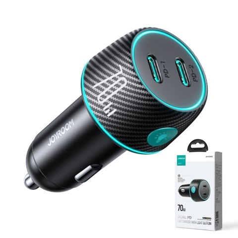 Ładowarka samochodowa 2x USB C 70W z podświetleniem LED Joyroom JR-CCN02 - czarna Ładowarka samochodowa 2x USB C 70W z podświetleniem LED Joyroom JR-CCN02 - czarna