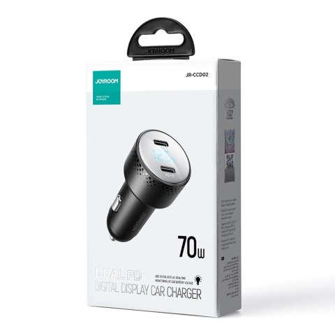 Ładowarka samochodowa 2x USB C 70W z wyświetlaczem LED Joyroom JR-CCD02 - czarna Ładowarka samochodowa 2x USB C 70W z wyświetlaczem LED Joyroom JR-CCD02 - czarna