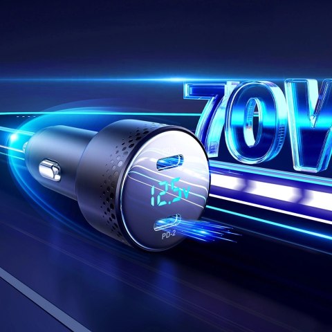 Ładowarka samochodowa 2x USB C 70W z wyświetlaczem LED Joyroom JR-CCD02 - czarna Ładowarka samochodowa 2x USB C 70W z wyświetlaczem LED Joyroom JR-CCD02 - czarna