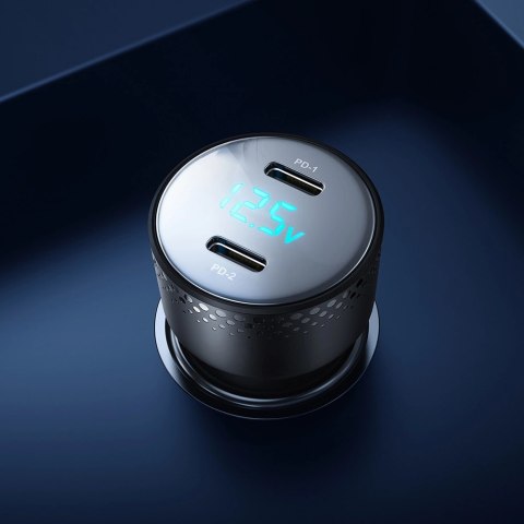 Ładowarka samochodowa 2x USB C 70W z wyświetlaczem LED Joyroom JR-CCD02 - czarna Ładowarka samochodowa 2x USB C 70W z wyświetlaczem LED Joyroom JR-CCD02 - czarna