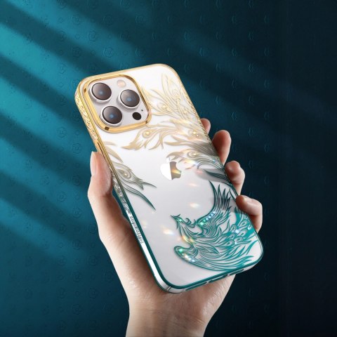 Luksusowe etui iPhone 14 Plus z kryształami Kingxbar Phoenix - złoto-niebieskie Luksusowe etui iPhone 14 Plus z kryształami Kingxbar Phoenix - złoto-niebieskie
