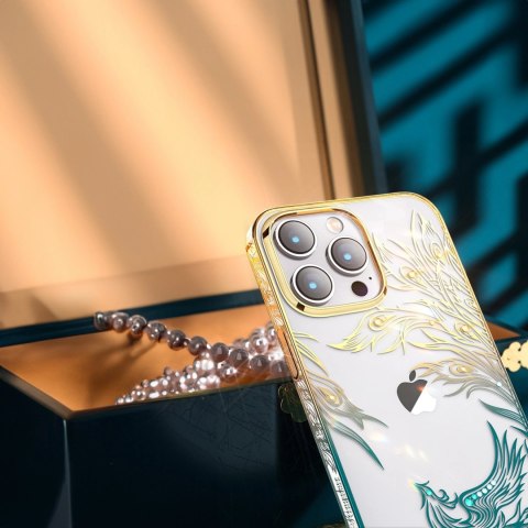 Luksusowe etui iPhone 14 Pro z kryształami Kingxbar Phoenix - złoto-niebieskie Luksusowe etui iPhone 14 Pro z kryształami Kingxbar Phoenix - złoto-niebieskie