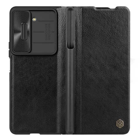 Skórzane etui z klapką i osłoną aparatu do Samsung Galaxy Z Fold 5 Nillkin Qin Leather Pro - czarne Skórzane etui z klapką i osłoną aparatu do Samsung Galaxy Z Fold 5 Nillkin Qin Leather Pro - czarne