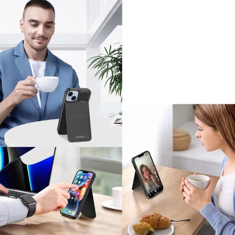 Etui portfel Dux Ducis Rafi Mag z podstawką 3w1 do iPhone 15 Plus z MagSafe i blokadą RFID - czarne Etui portfel Dux Ducis Rafi Mag z podstawką 3w1 do iPhone 15 Plus z MagSafe i blokadą RFID - czarne