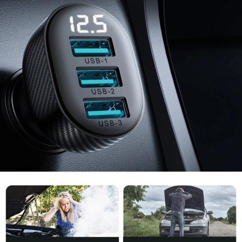 Ładowarka samochodowa Joyroom JR-CCD03 3.4A z wyświetlaczem 3x USB-A - czarna Ładowarka samochodowa Joyroom JR-CCD03 3.4A z wyświetlaczem 3x USB-A - czarna