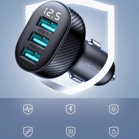 Ładowarka samochodowa Joyroom JR-CCD03 3.4A z wyświetlaczem 3x USB-A - czarna Ładowarka samochodowa Joyroom JR-CCD03 3.4A z wyświetlaczem 3x USB-A - czarna