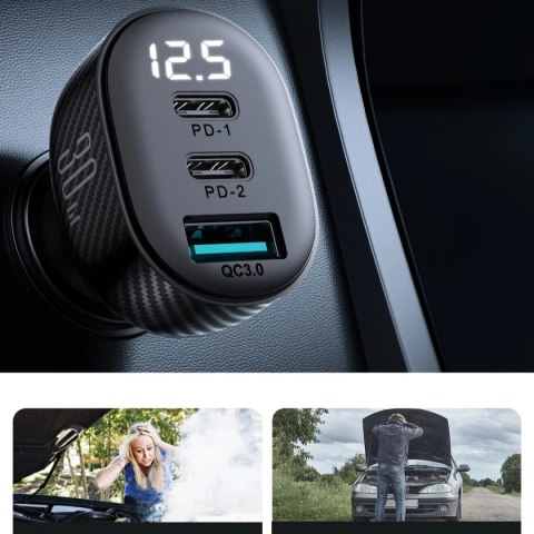 Ładowarka samochodowa Joyroom JR-CCD04 30W 2x USB-C USB-A z wyświetlaczem - czarna Ładowarka samochodowa Joyroom JR-CCD04 30W 2x USB-C USB-A z wyświetlaczem - czarna