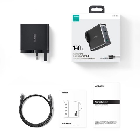Ładowarka GaN UK Joyroom JR-TCG05UK 140W 3x USB-C USB-A + kabel USB-C / USB-C 240W 1.2m Ładowarka GaN UK Joyroom JR-TCG05UK 140W 3x USB-C USB-A + kabel USB-C / USB-C 240W 1.2m