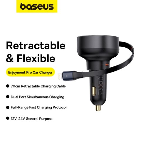 Ładowarka samochodowa Baseus Enjoyment Pro USB-C (żeńskie) / Lightning (męski) 60W - czarna Ładowarka samochodowa Baseus Enjoyment Pro USB-C (żeńskie) / Lightning (męski) 60W - czarna