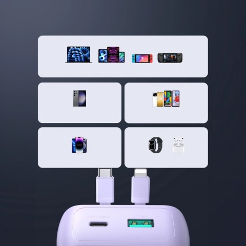 Mini powerbank Joyroom JR-PBC06 z wbudowanymi kablami USB-C / Lightning 30W 10000mAh - fioletowy Mini powerbank Joyroom JR-PBC06 z wbudowanymi kablami USB-C / Lightning 30W 10000mAh - fioletowy