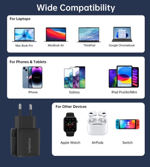 Ładowarka sieciowa Choetech PD6051 USB-C USB-C PD 35W GaN z wyświetlaczem - czarna Ładowarka sieciowa Choetech PD6051 USB-C USB-C PD 35W GaN z wyświetlaczem - czarna
