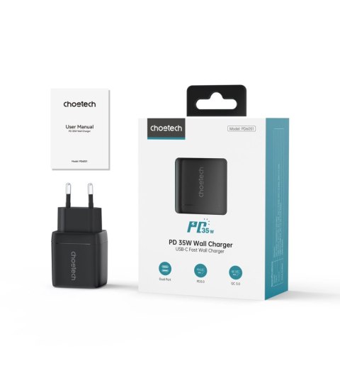 Ładowarka sieciowa Choetech PD6051 USB-C USB-C PD 35W GaN z wyświetlaczem - czarna Ładowarka sieciowa Choetech PD6051 USB-C USB-C PD 35W GaN z wyświetlaczem - czarna