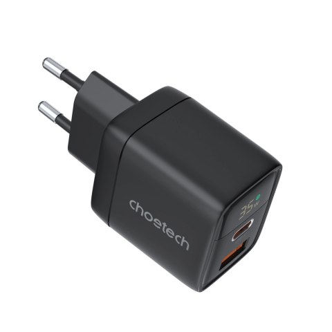 Ładowarka sieciowa Choetech PD6052 USB-C USB-A PD 35W GaN z wyświetlaczem - czarna Ładowarka sieciowa Choetech PD6052 USB-C USB-A PD 35W GaN z wyświetlaczem - czarna