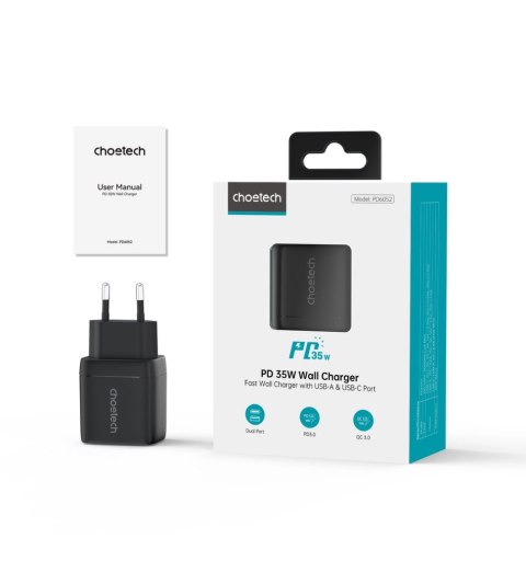 Ładowarka sieciowa Choetech PD6052 USB-C USB-A PD 35W GaN z wyświetlaczem - czarna Ładowarka sieciowa Choetech PD6052 USB-C USB-A PD 35W GaN z wyświetlaczem - czarna