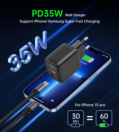 Ładowarka sieciowa Choetech PD6052 USB-C USB-A PD 35W GaN z wyświetlaczem - czarna Ładowarka sieciowa Choetech PD6052 USB-C USB-A PD 35W GaN z wyświetlaczem - czarna