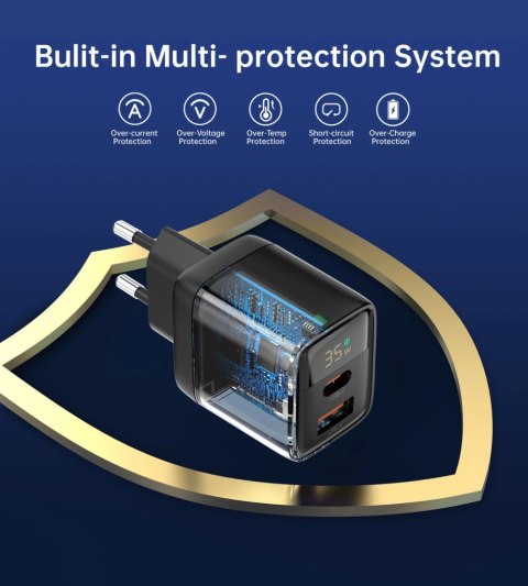 Ładowarka sieciowa Choetech PD6052 USB-C USB-A PD 35W GaN z wyświetlaczem - czarna Ładowarka sieciowa Choetech PD6052 USB-C USB-A PD 35W GaN z wyświetlaczem - czarna