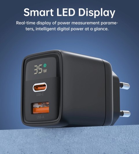 Ładowarka sieciowa Choetech PD6052 USB-C USB-A PD 35W GaN z wyświetlaczem - czarna Ładowarka sieciowa Choetech PD6052 USB-C USB-A PD 35W GaN z wyświetlaczem - czarna