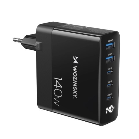 Ładowarka sieciowa GaN Wozinsky CGWCB 140W 3 x USB-C / 2 x USB-A - czarna Ładowarka sieciowa GaN Wozinsky CGWCB 140W 3 x USB-C / 2 x USB-A - czarna