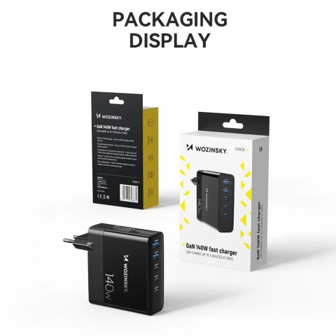Ładowarka sieciowa GaN Wozinsky CGWCB 140W 3 x USB-C / 2 x USB-A - czarna Ładowarka sieciowa GaN Wozinsky CGWCB 140W 3 x USB-C / 2 x USB-A - czarna