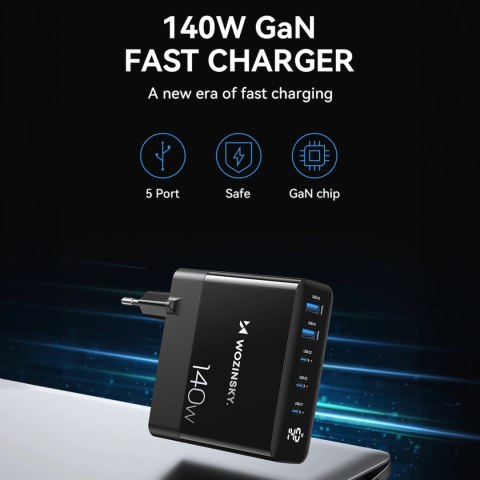 Ładowarka sieciowa GaN Wozinsky CGWCB 140W 3 x USB-C / 2 x USB-A - czarna Ładowarka sieciowa GaN Wozinsky CGWCB 140W 3 x USB-C / 2 x USB-A - czarna
