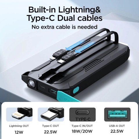 Powerbank Joyroom JR-L017 22.5W 10000mAh z wbudowanymi kablami USB-C / Lightning - czarny Powerbank Joyroom JR-L017 22.5W 10000mAh z wbudowanymi kablami USB-C / Lightning - czarny