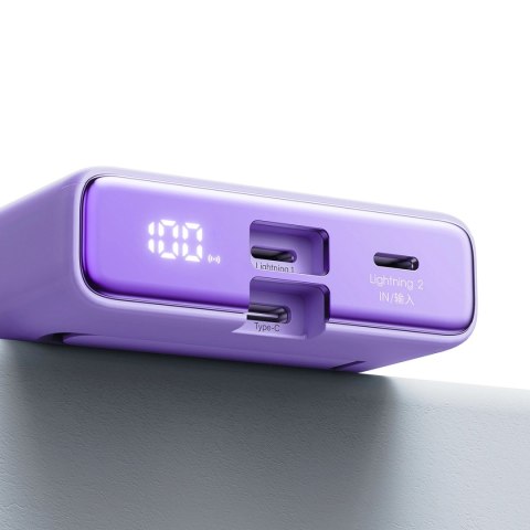 Powerbank Joyroom JR-PBM01 magnetyczny 10000mAh 20W z podstawką + kabel Lightning - USB-C - fioletowy Powerbank Joyroom JR-PBM01 magnetyczny 10000mAh 20W z podstawką + kabel Lightning - USB-C - fioletowy