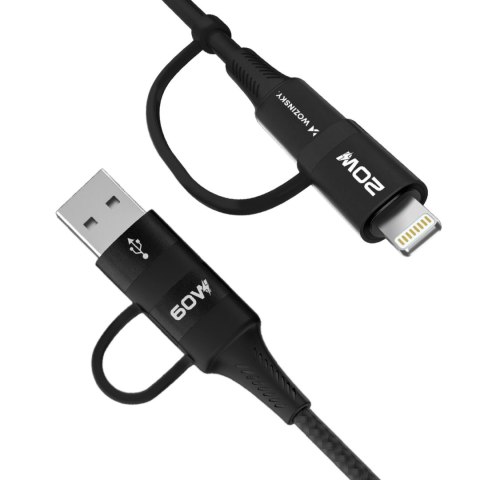 Kabel Wozinsky WNBAA 4w1 2x USB-C 1x USB-A 1x Lightning 60W 1 m - czarny Kabel Wozinsky WNBAA 4w1 2x USB-C 1x USB-A 1x Lightning 60W 1 m - czarny